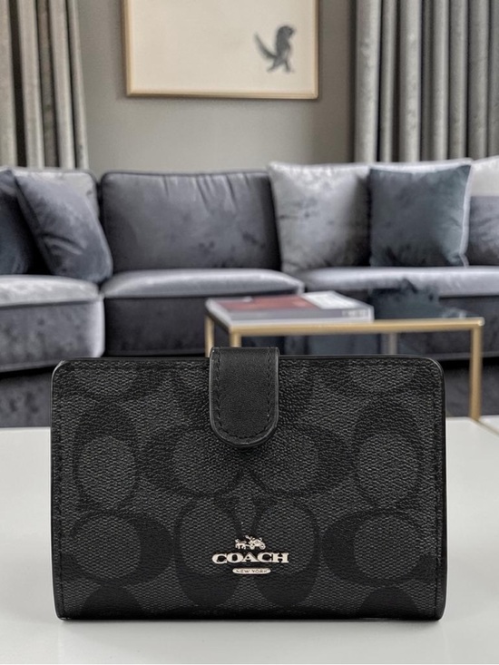 Coach Handbags - Coach Medium Corner Zip Wallet – Signature Canvas Black Smoke/Black
